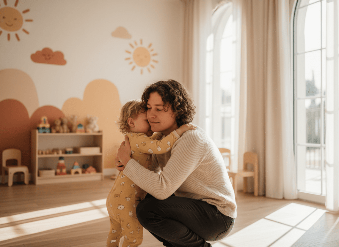 Parent disant au revoir à son enfant à l'entrée de la crèche le matin